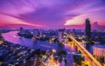 Modern Building At Riverside In Twilight Scene Stock Photo