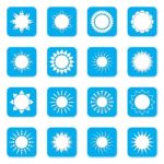 Sun Icon Set. Blue Square Shape.  Illustration Stock Photo