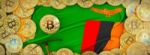 Bitcoins Gold Around Zambia  Flag And Pickaxe On The Left.3d Ill Stock Photo