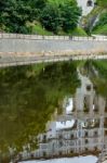 Reflection Of The State Castle And Chateau Complex Of Cesky Krum Stock Photo