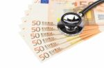 Part Of Professional Stethoscope On Euro Notes Stock Photo