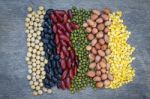 Collection Of Bean On Wooden Board Stock Photo