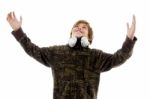 Boy With Headphone Looking Upward Stock Photo