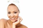 Spa Woman With Towel Wrapped On Her Head Stock Photo