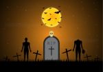 Halloween Gravestone Graveyard Skull Zombie Bat Moon Background Stock Photo