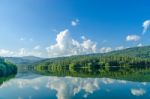 Landscape Of The Dam And Lake On The Mountain With Tree And Forest Stock Photo