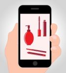 Makeup Online Means Mobile Phone And Cosmetics Stock Photo