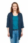 Smiling Middle Aged Woman Wearing Blue Cardigan Stock Photo