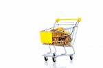 A Shopping Cart Full With Various Groceries Stock Photo