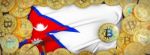 Bitcoins Gold Around Nepal  Flag And Pickaxe On The Left.3d Illu Stock Photo