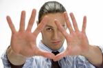 Young Man Posing With Open Palms Stock Photo