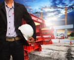 Engineer Man With Safety Helmet Working In Road And Bridge Const Stock Photo