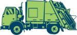 Garbage Truck Rear End Loader Side Woodcut Stock Photo