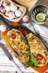 Aubergine Stuffed With Vegetables And Cheese Stock Photo