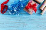 Presents For Birthday On Wood Background Stock Photo