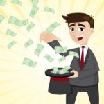 Cartoon Businessman With Money From Magician Hat Stock Photo