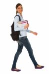 Girl Student Holding Books And Bag Stock Photo