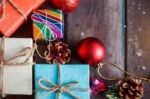 Gift Boxes On The Old Wooden Stock Photo