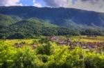 Slovenia Slovenja Beautiful Landscape, Green Mountains And Blue Cloud Sky Stock Photo