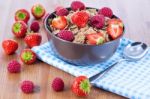 Bran Flakes With Fresh Raspberries And Strawberries Stock Photo