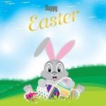 Easter Bunny With Colorful Egg. Easter Eggs On The Meadow And A Beautiful Sky. Happy Easter Day Stock Photo