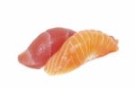 Japanese Cuisine, Sushi - Salmon And Tuna Nigiri On White Backgr Stock Photo