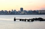 Sunset Scene Of Beach And Skyline At Background, Montevideo, Uru Stock Photo