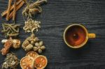 Dried Herbs And Ginseng, Top View Of Thai Herbs And Ginseng On Wooden Floor Stock Photo