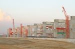 Elevated Rail Track On Large Columns At Construction Site Stock Photo