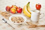 Bowl Of Muesli For Breakfast With Fruits Stock Photo