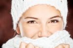 Woman In Wool Sweater And Cap Stock Photo