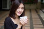 Portrait Of Thai Adult Glasses Beautiful Girl Drinking Coffee Stock Photo