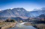 Panoramic View Of Beautiful Mountain Landscape Small Village  Stock Photo