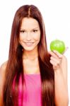 Happy Woman With Green Apple Stock Photo