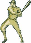 Baseball Player Batter Batting Bat Etching Stock Photo