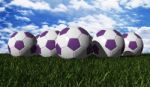 Purple Soccer Balls On A Green Grass Stock Photo