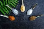 Food Ingredients And Condiment On Table Stock Photo