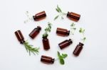 Top View, Bottle Of Essential Oil With Herbs Stock Photo