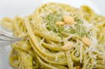 Italian Traditional Basil Pesto Pasta Ingredients Stock Photo