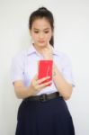 Asia Thai High School Student Uniform Beautiful Girl Read A Book Stock Photo