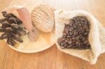 Coffee Roasted Bean On Wooden Table Vintage Style Stock Photo