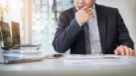 Working Process Startup. Businessman Working At The Wood Table W Stock Photo