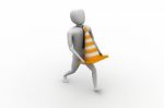 3d Small Person Carrying The Traffic Cone Stock Photo