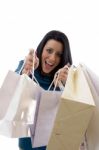 Front View Of Cheerful Woman Showing Carry Bags Stock Photo