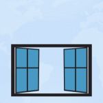 Blue Glass Window Open With World Map Background Stock Photo