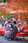 Japanese Couple With Traditional  Kimono At Eikando Temple Stock Photo