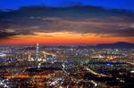 South Korea Skyline Of Seoul, The Best View Of South Korea With Lotte World Mall At Namhansanseong Fortress Stock Photo