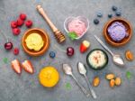 Flat Lay Ice Cream With Various Fruits Raspberry ,blueberry ,str Stock Photo