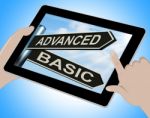 Advanced Basic Tablet Shows Product Versions And Prices Stock Photo