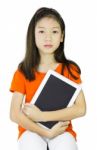 Asian Young Girl Is Holding Tablet Stock Photo